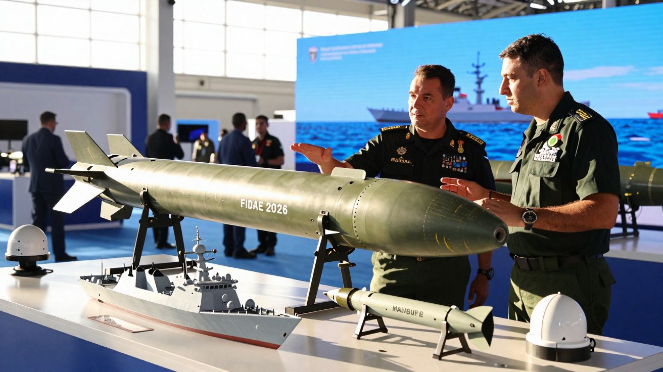 Dois militares discutem diante de maquetes e torpedo expostos em feira de defesa.