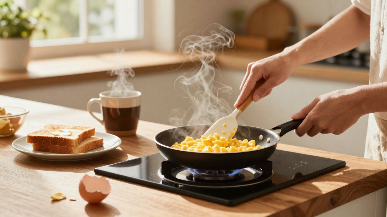 Mãos mexendo ovos mexidos em frigideira quente com torradas e xícara de café ao fundo.