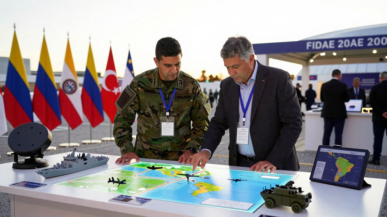 Dois homens analisam mapa interativo com miniaturas militares em feira aérea, bandeiras e telão ao fundo.