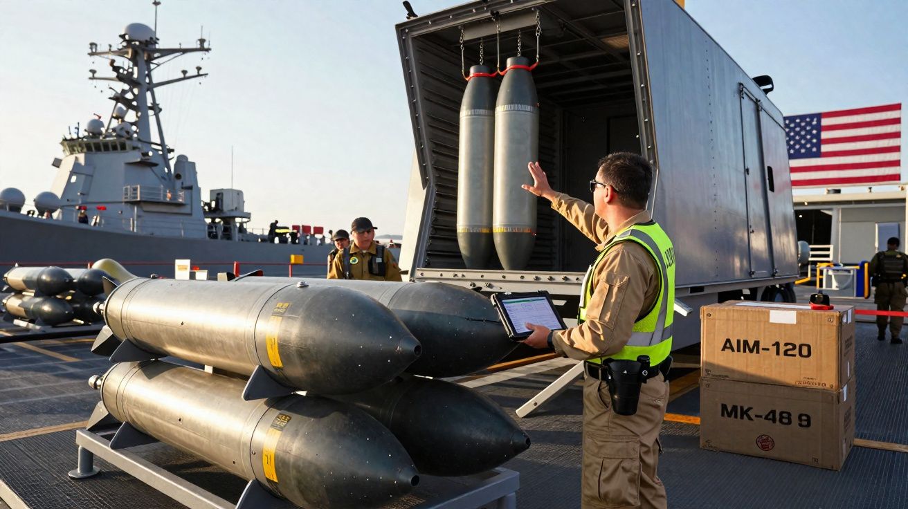 Militares ao lado de torpedos e caixas de munição em convés de navio de guerra com bandeira dos EUA.