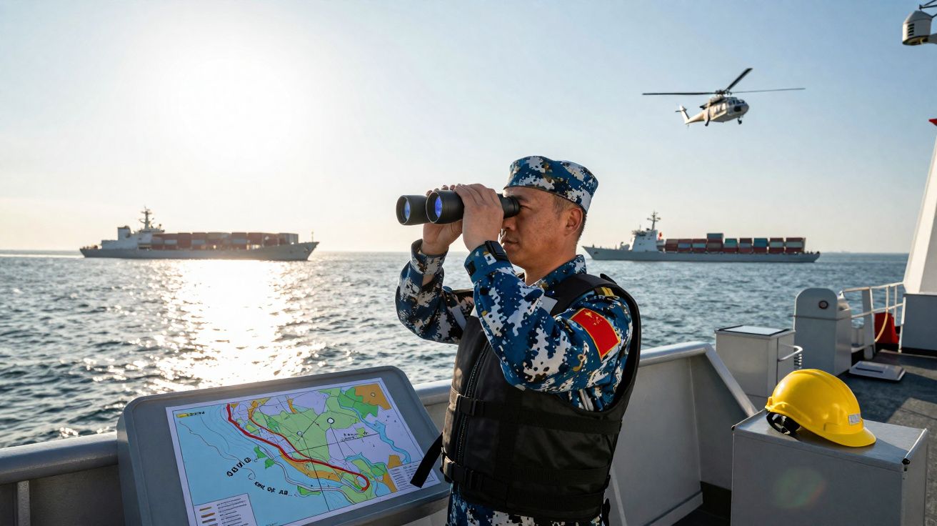 Militar em uniforme camuflado observa com binóculo no convés de navio, com navios e helicóptero no mar ao fundo.