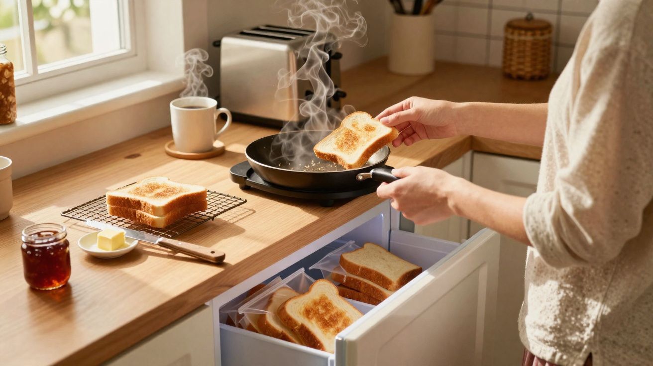 Pessoa preparando torradas em frigideira em cozinha com pão, manteiga e geleia sobre bancada de madeira.