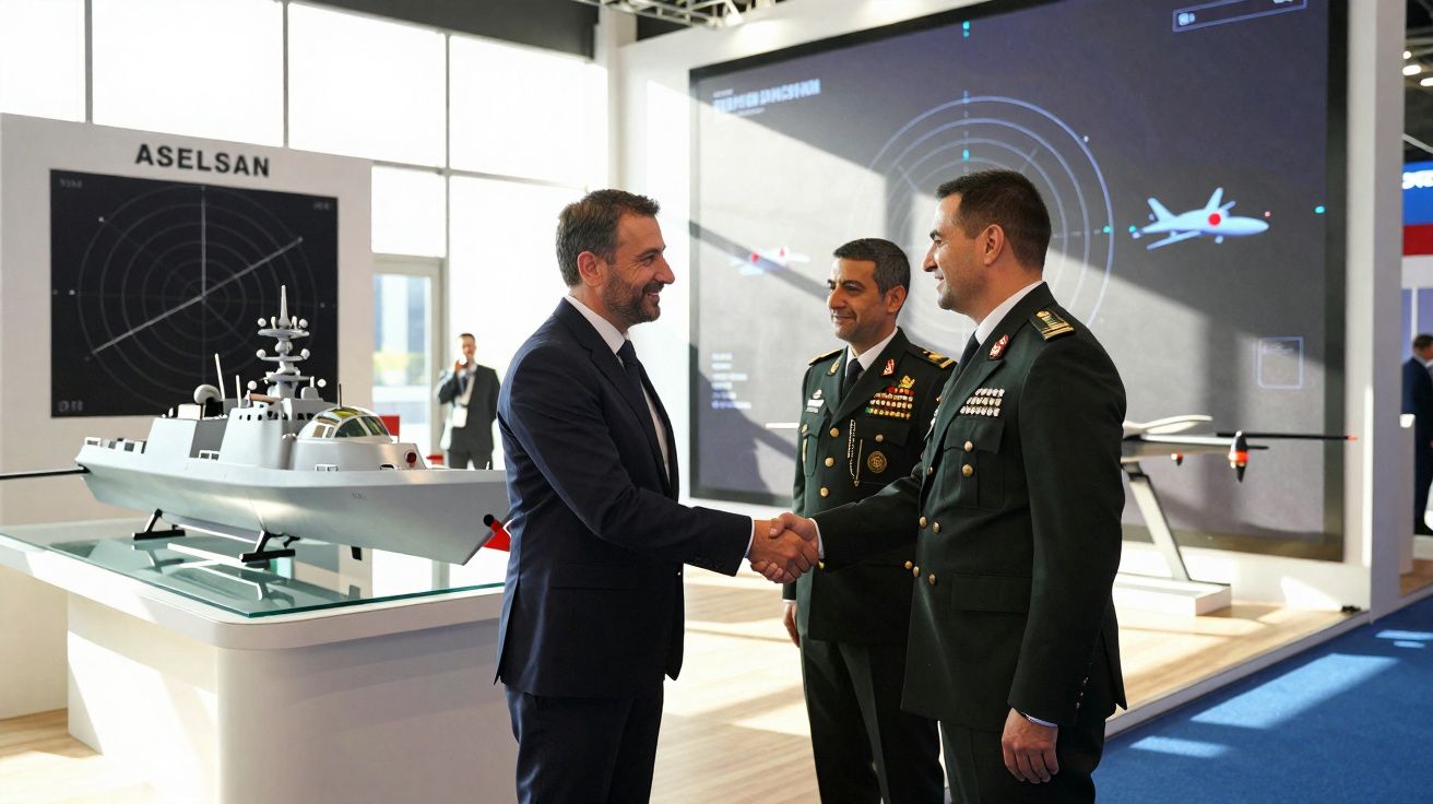 Homem de terno cumprimenta militar em exposição de defesa com modelo de navio e painéis tecnológicos ao fundo.