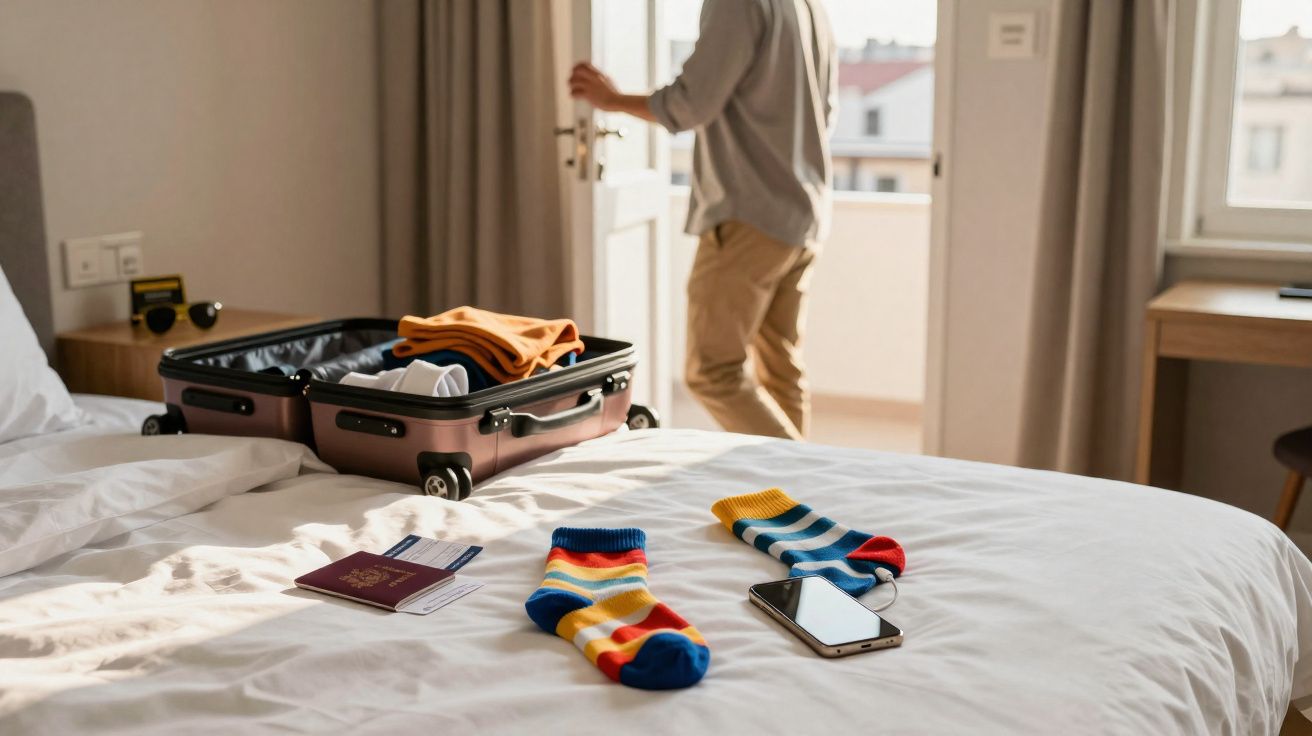 Pessoa preparando mala em quarto de hotel, com meias coloridas, passaporte e celular na cama.