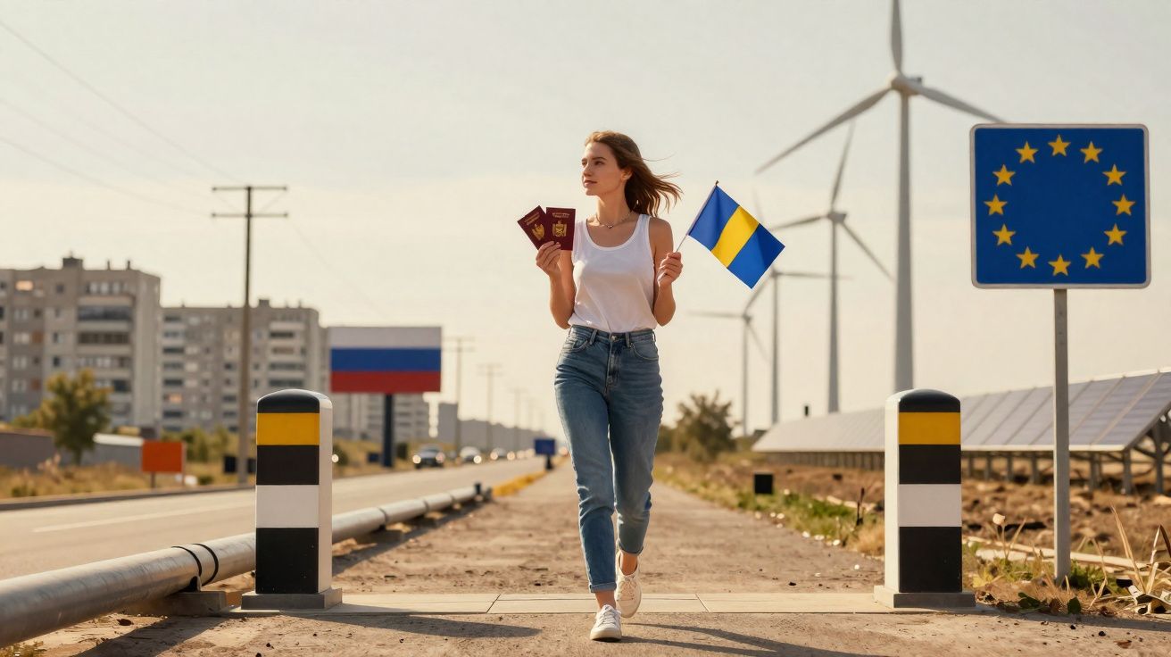 Mulher segurando passaportes e bandeira da Ucrânia caminhando entre fronteiras da Rússia e União Europeia.