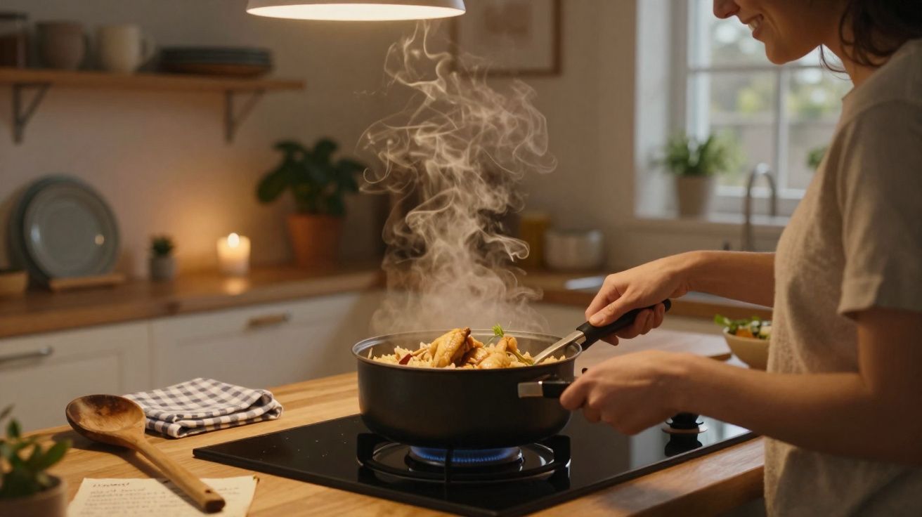 Pessoa cozinhando em panela com vapor saindo no fogão de cozinha iluminada e aconchegante.