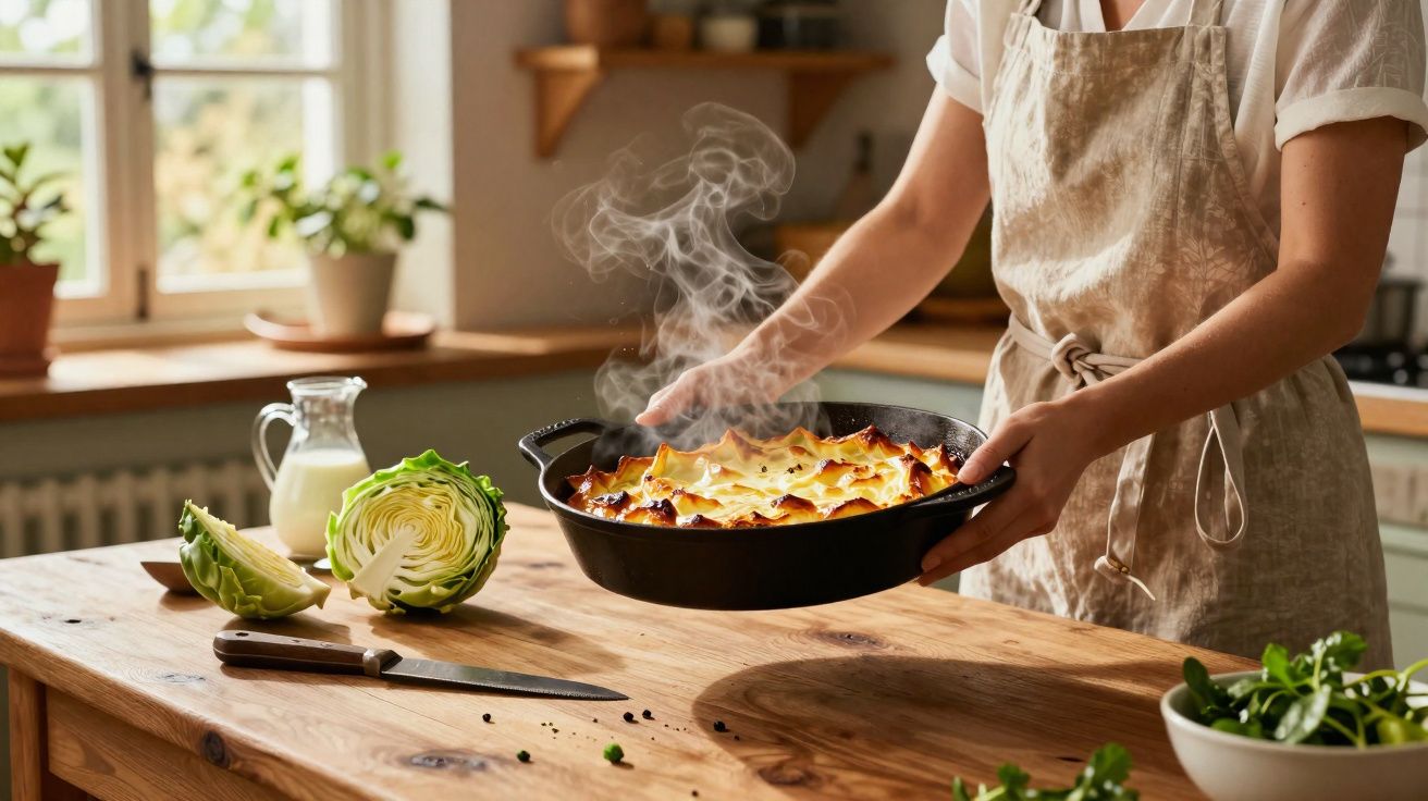 Pessoa segurando travessa fumegante com lasanha caseira em cozinha iluminada natural.