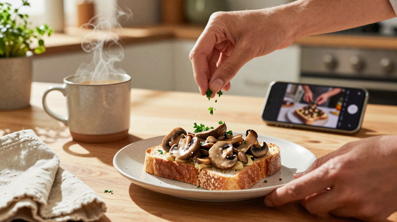 Pessoa salpicando ervas em torrada com cogumelos em prato, ao lado de caneca com vapor e celular fotografando.