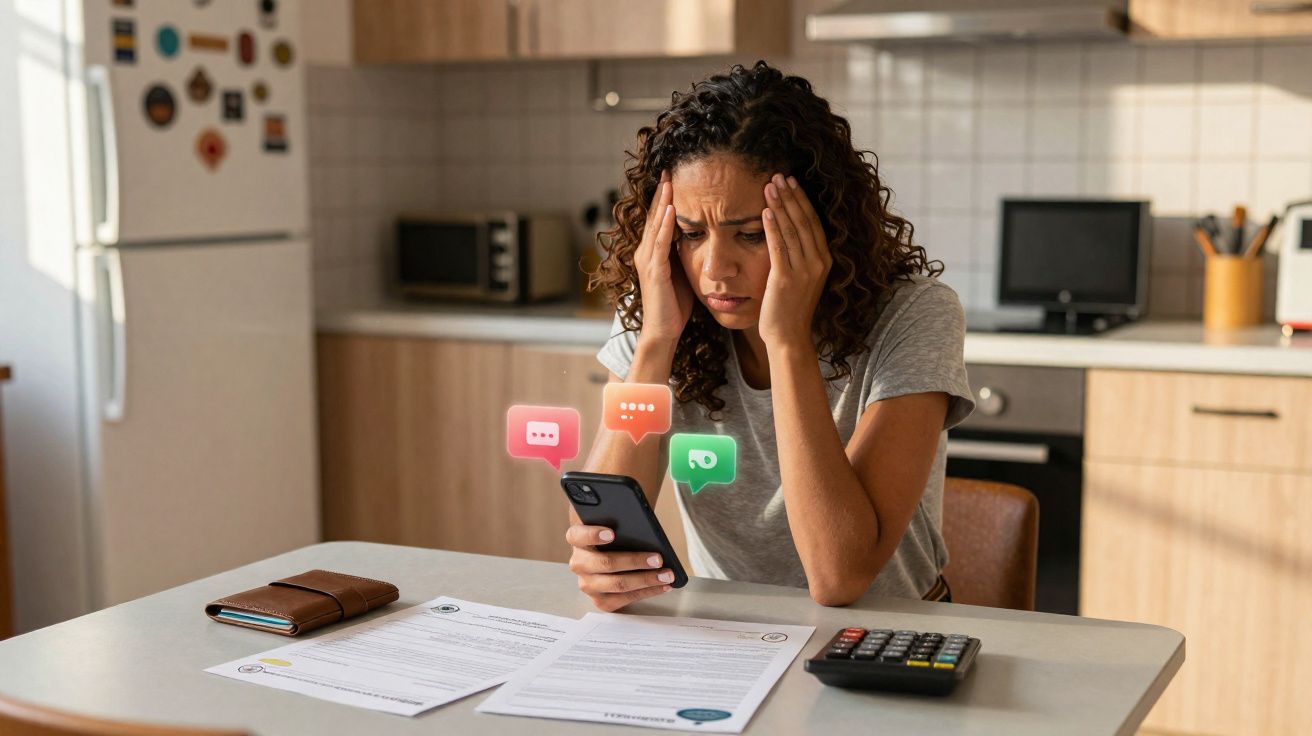 Mulher preocupada olhando celular com contas e calculadora sobre mesa na cozinha.