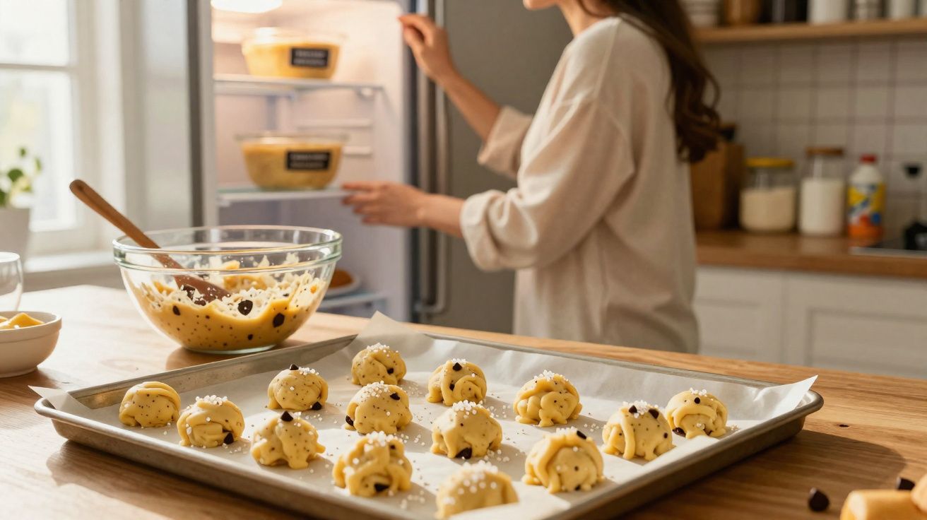 Massa de cookies com gotas de chocolate em assadeira, mulher abrindo geladeira ao fundo na cozinha.