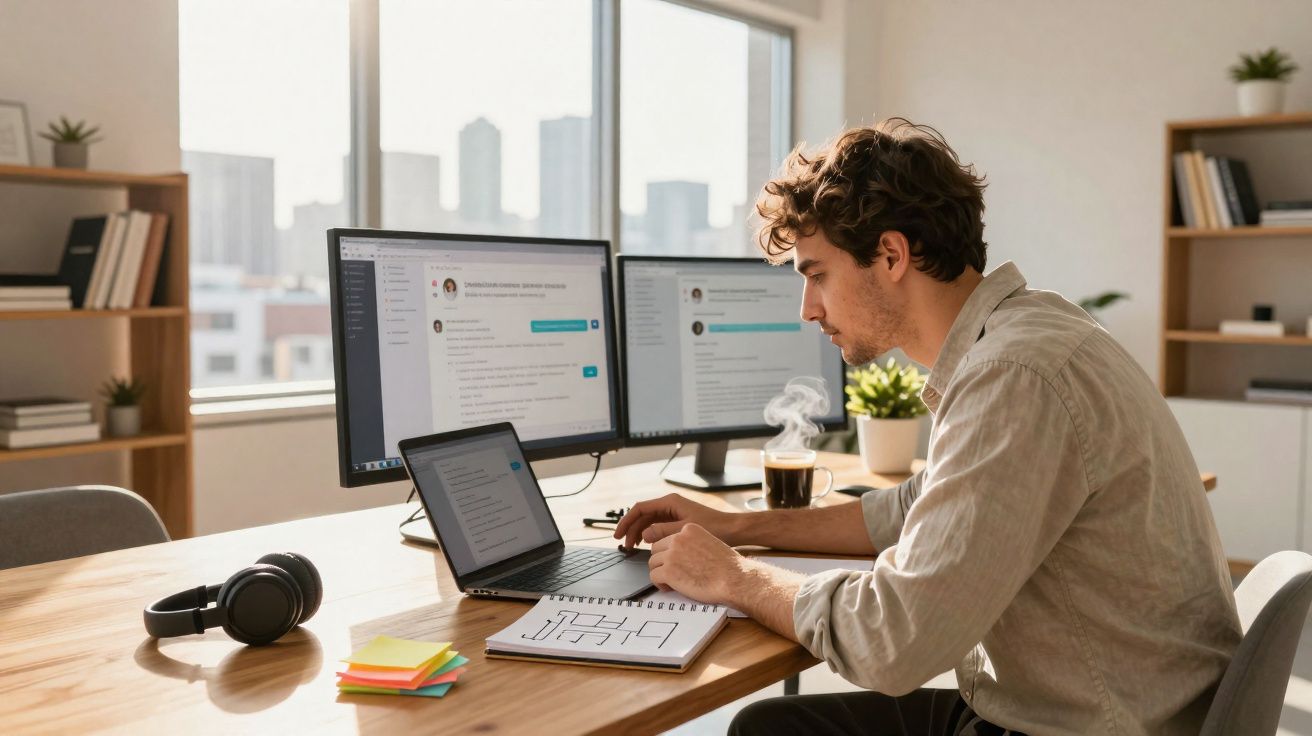 Homem trabalhando em escritório com laptop, dois monitores, caderno, fones de ouvido e café na mesa.