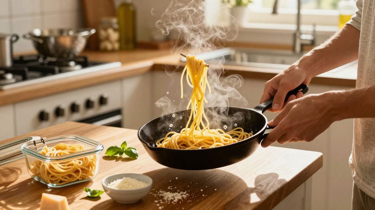 Pessoa cozinhando macarrão quente em frigideira em cozinha iluminada com ingredientes ao redor.