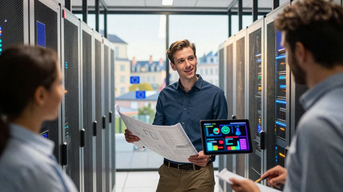 Três profissionais discutindo projetos de tecnologia em um data center com racks de servidores.