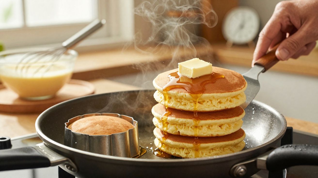 Mão segurando espátula com pilha de panquecas com manteiga e mel em frigideira, ao lado de outra panqueca.