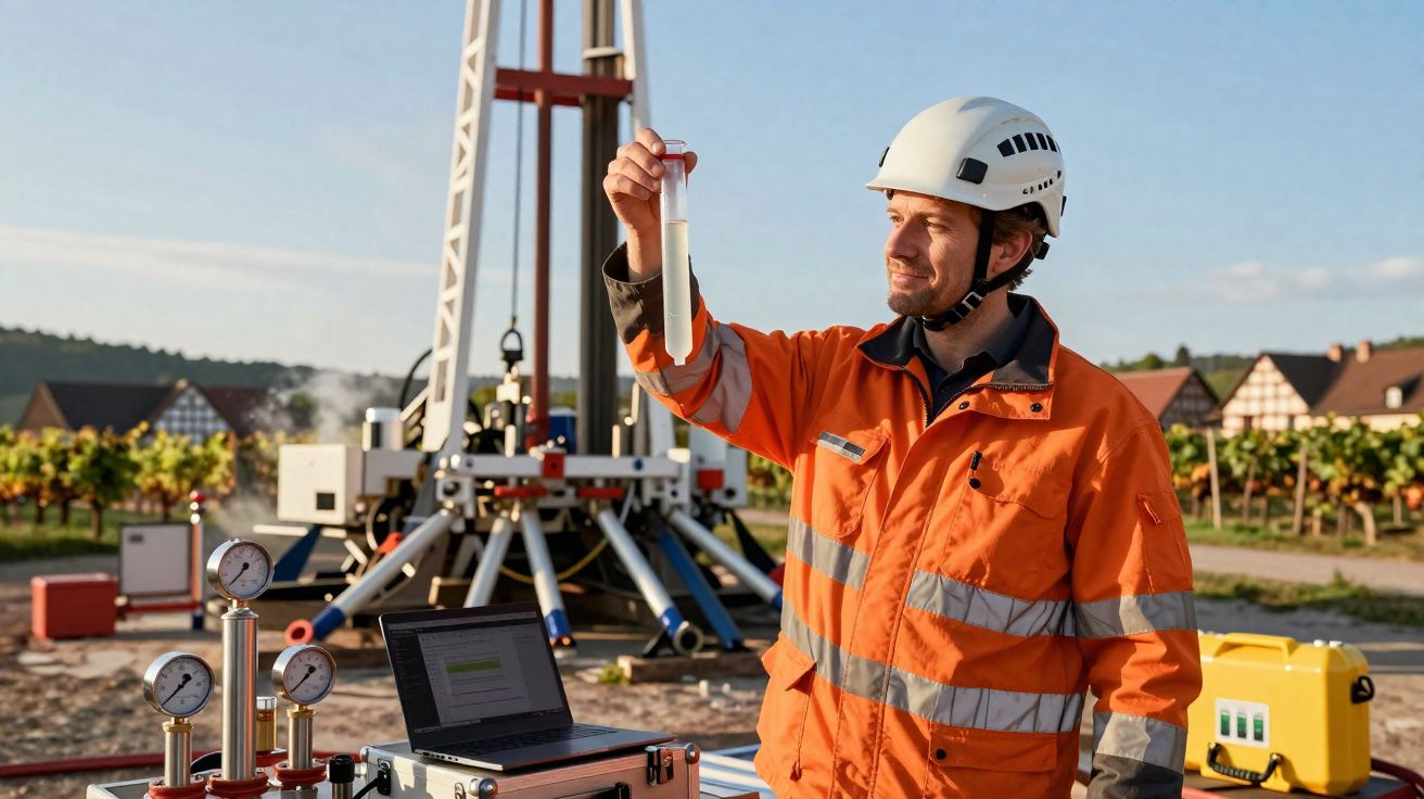 Homem com capacete e jaqueta laranja segura tubo de ensaio em área externa de pesquisa com equipamentos.