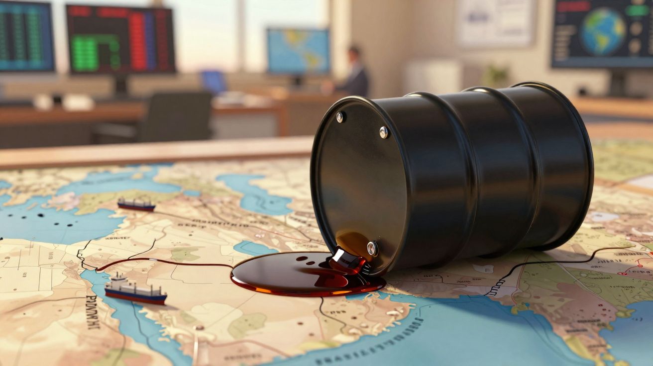 Barril de petróleo derramando óleo sobre mapa mundial em sala com telas de monitoramento ao fundo.