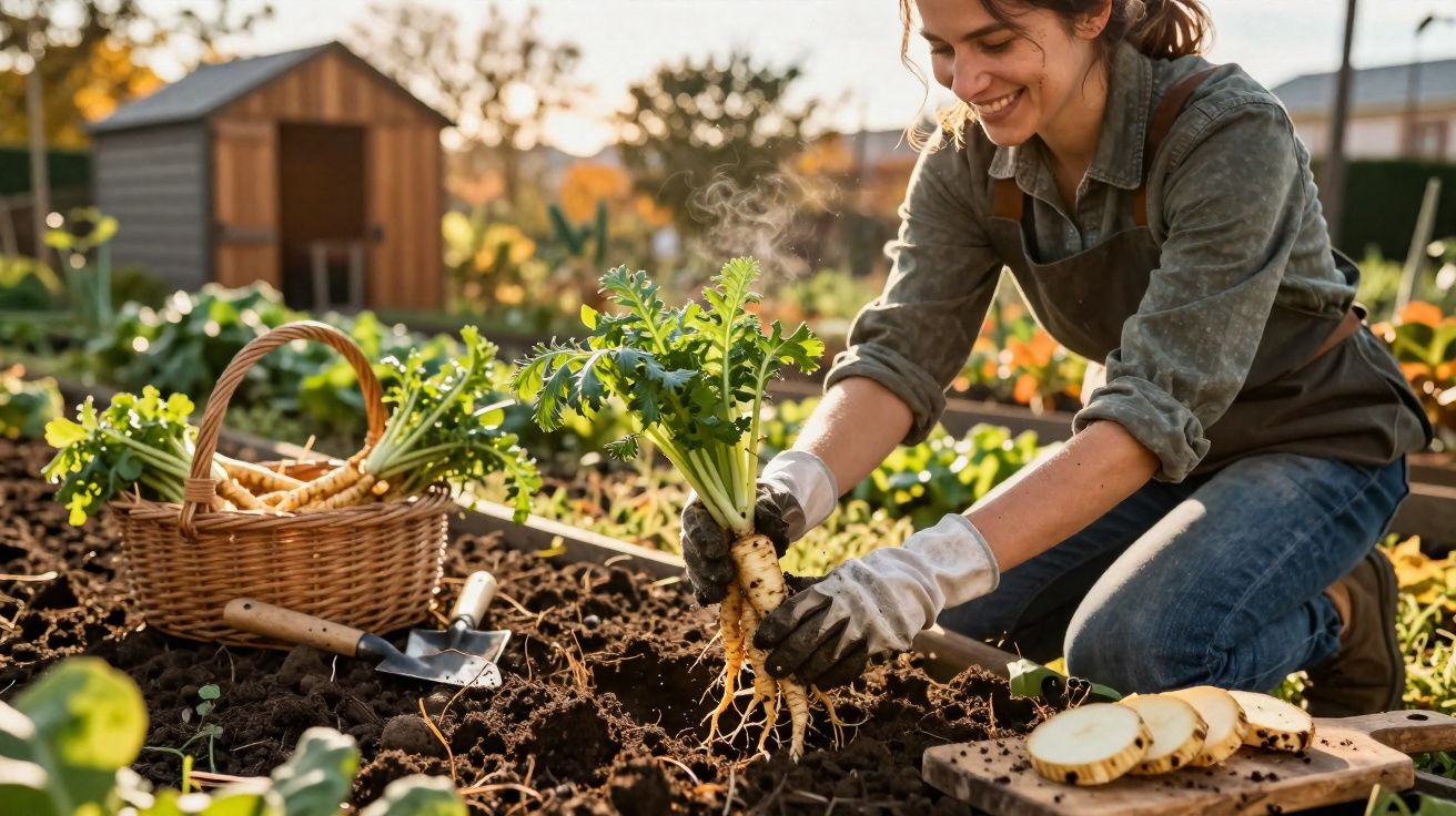 Mulher colhendo raízes frescas em horta ao ar livre com cesta e ferramentas ao redor.