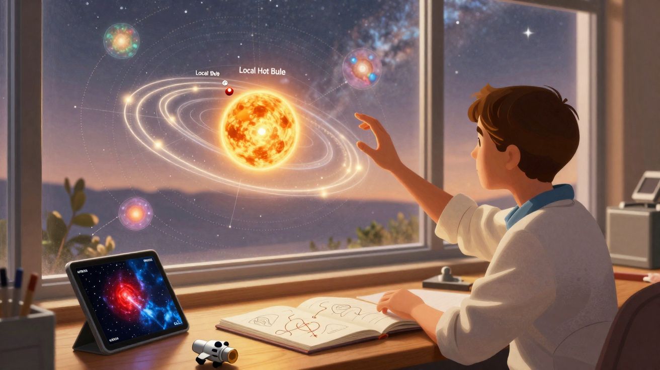 Criança estudando sistema solar holográfico na janela com livros e tablet em mesa organizada.