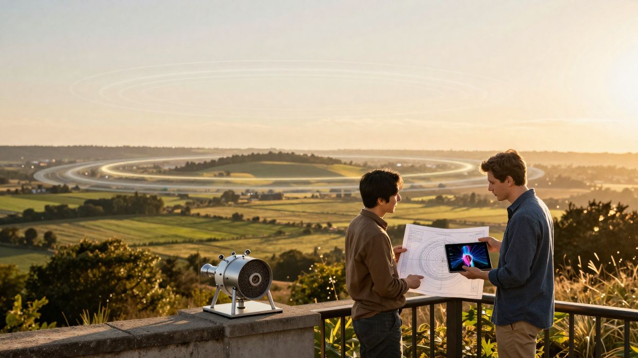 Dois homens analisando plantas e imagens na tela de um tablet em área externa com paisagem de campo ao fundo.