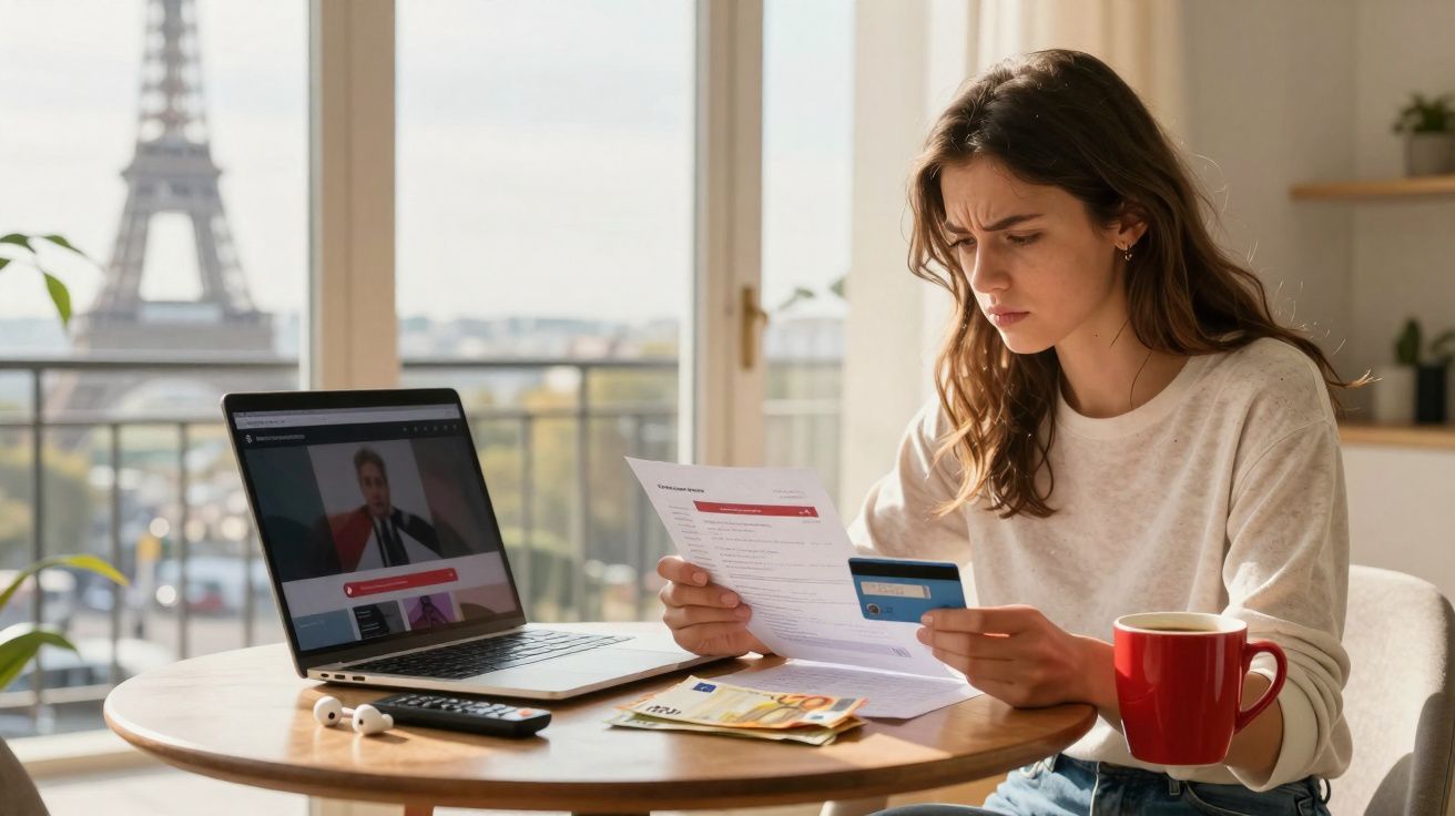 Mulher sentada em mesa com laptop, analisando fatura e segurando cartão de crédito, com vista da Torre Eiffel ao fundo.
