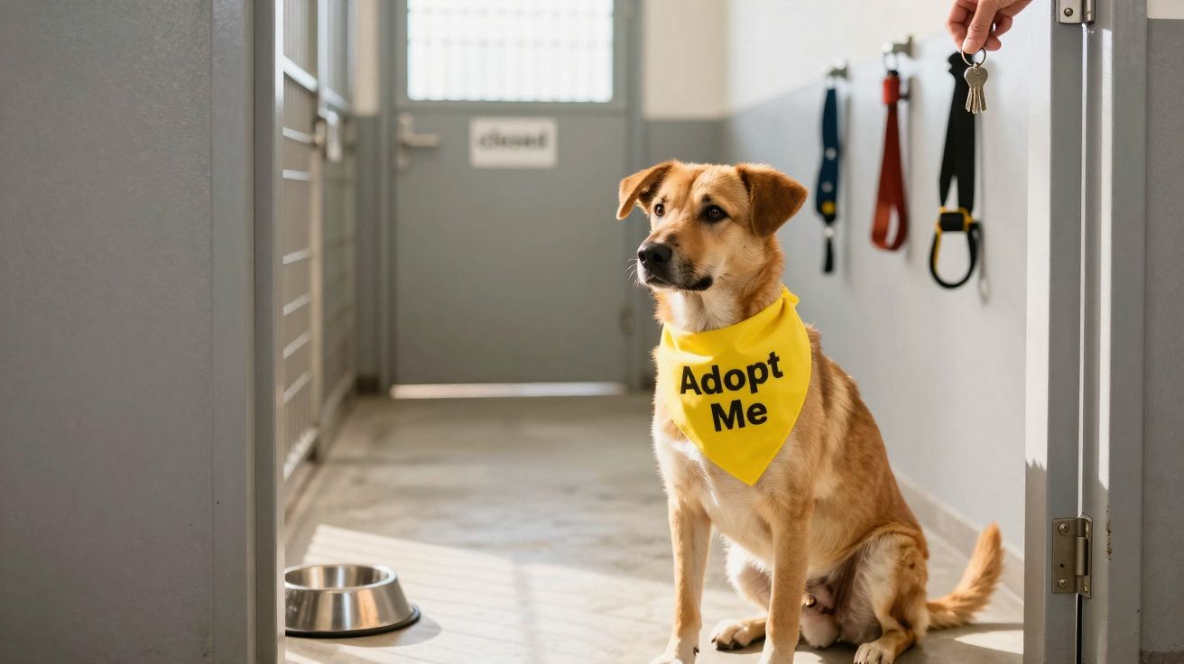 Cachorro com lenço amarelo escrito "Adopt Me" sentado em abrigo, perto de comedouro e coleiras penduradas.