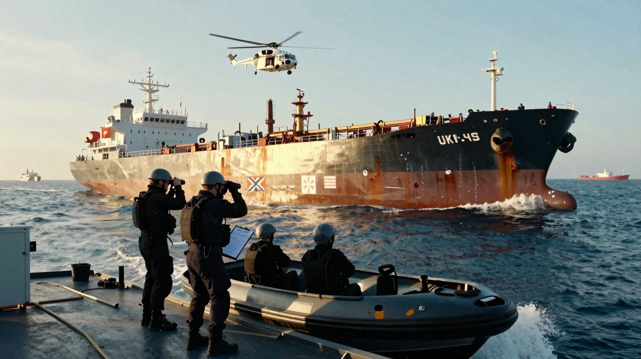 Militares em ação marítima com navio, bote inflável e helicóptero ao entardecer.