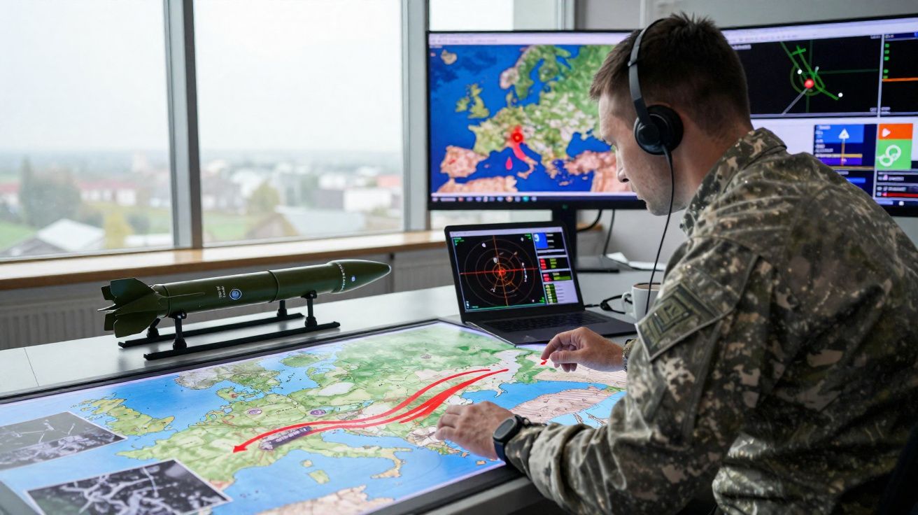 Militar em uniforme camuflado monitora mapas estratégicos e radares em tela digital e computadores em sala com janela.