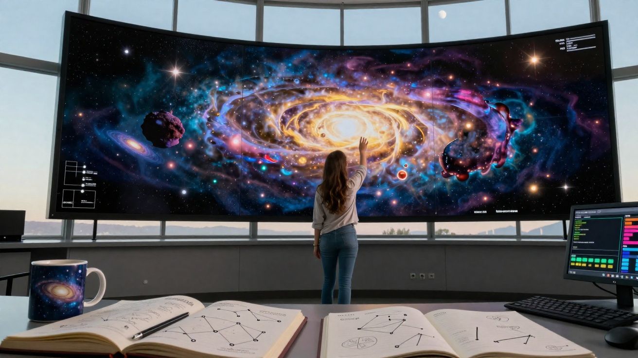 Mulher observa grande tela curva com galáxia e planetas em ambiente de estudo moderno.