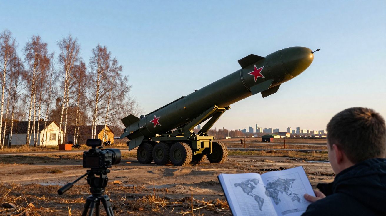 Homem observa mapa do mundo enquanto câmera filma míssil russo posicionado ao ar livre no campo.