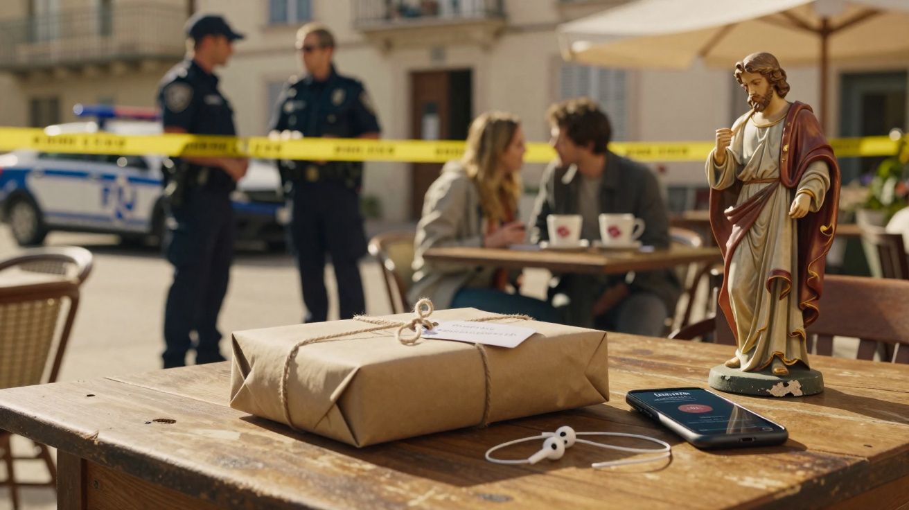 Mesa de madeira com pacote, estátua religiosa, fones e celular, casal ao fundo e policiais com fita de isolamento.
