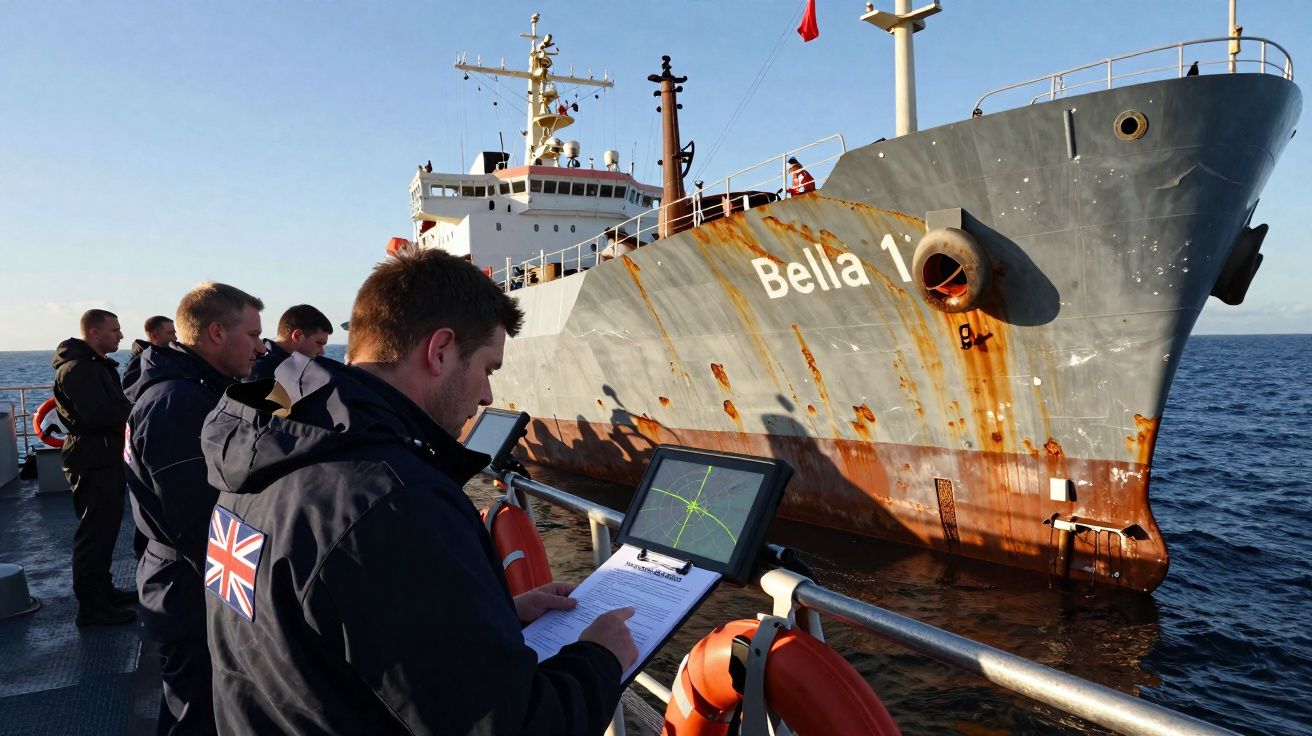 Homens com jaquetas britânicas monitoram navio enferrujado Bella 1 no mar durante operação marítima.