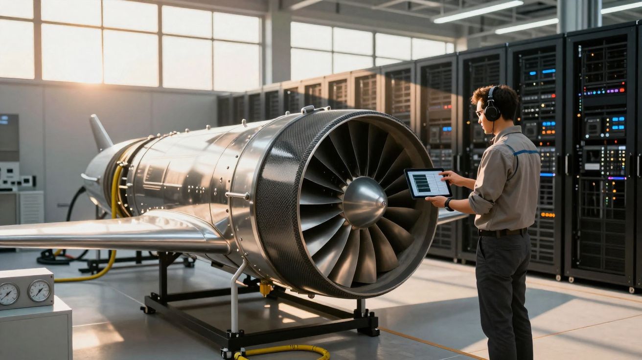 Técnico inspecionando motor de aeronave em laboratório com tablet e servidores ao fundo.