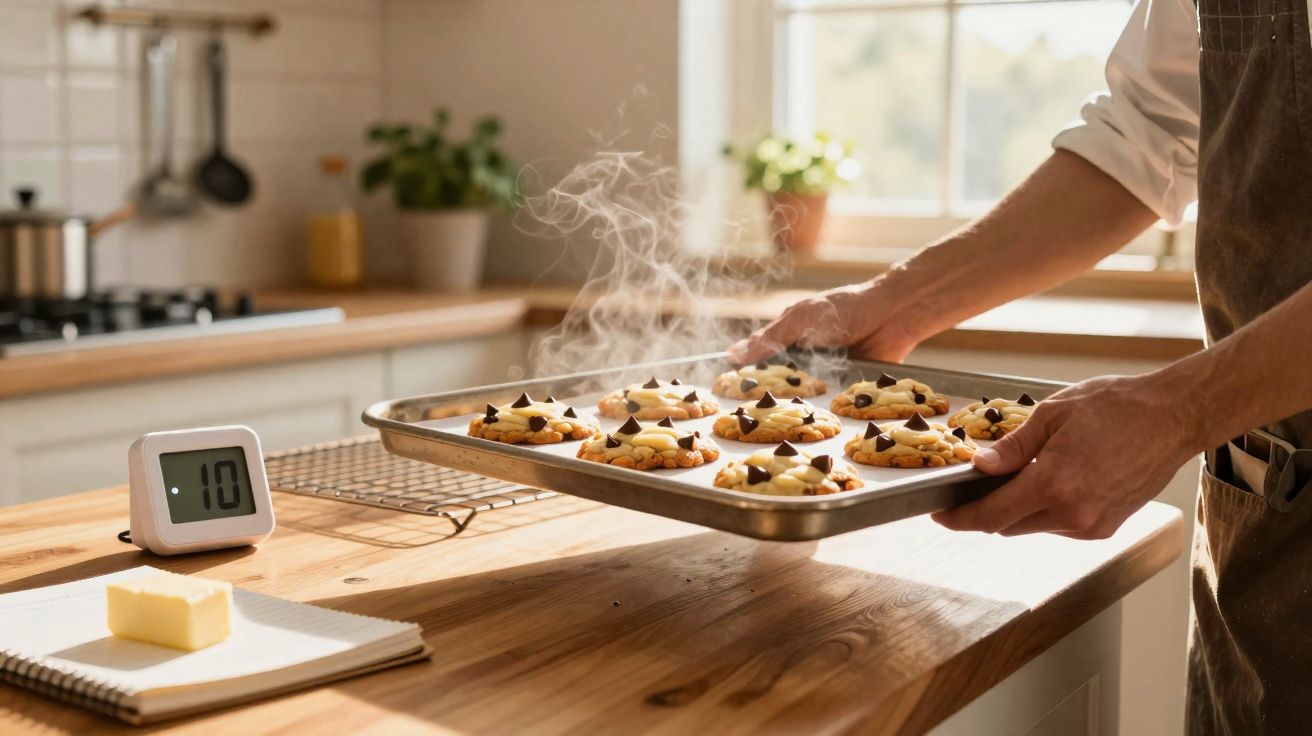 Pessoa segurando forma com biscoitos quentes com gotas de chocolate em cozinha iluminada e arejada.