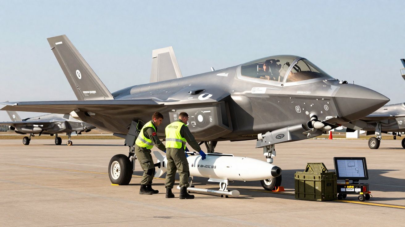 Dois militares manipulam equipamento próximo a caça F-35 em pista de aeroporto durante treinamento.
