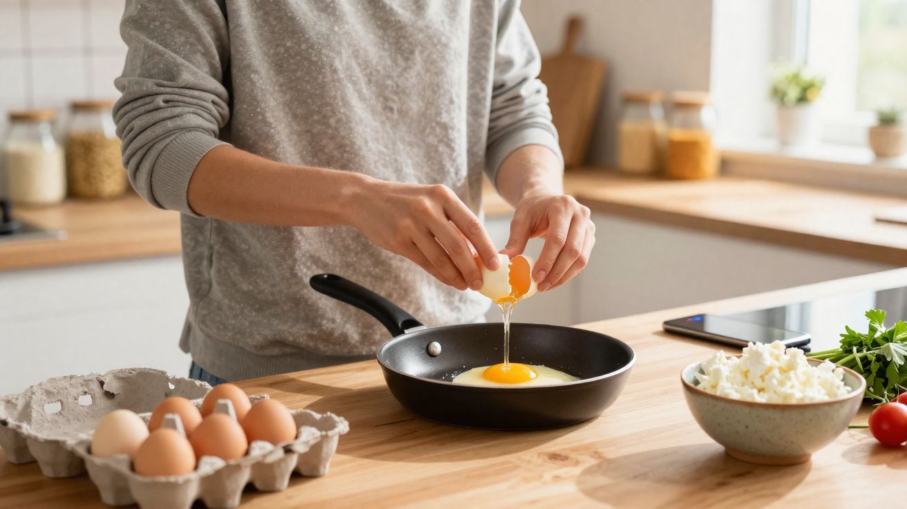 Pessoa quebrando ovo em frigideira na cozinha com ingredientes sobre bancada de madeira.