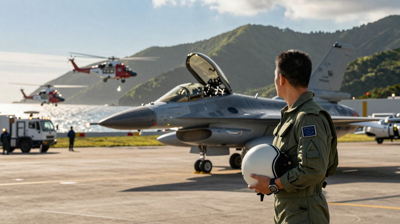 Piloto militar de costas segurando capacete observa jato F-16 e dois helicópteros em base aérea perto do mar.