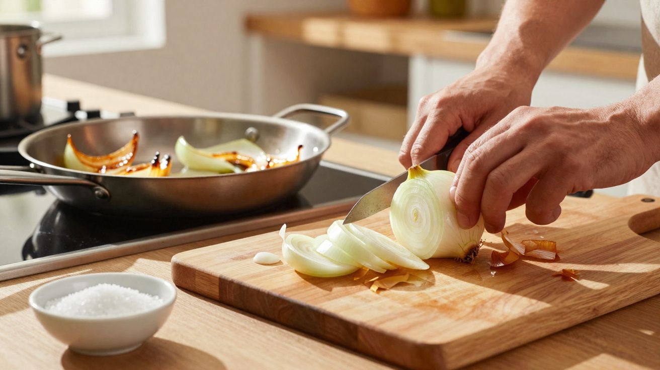 Pessoa cortando cebola em fatias sobre tábua de madeira, com cebolas dourando em frigideira ao fundo.