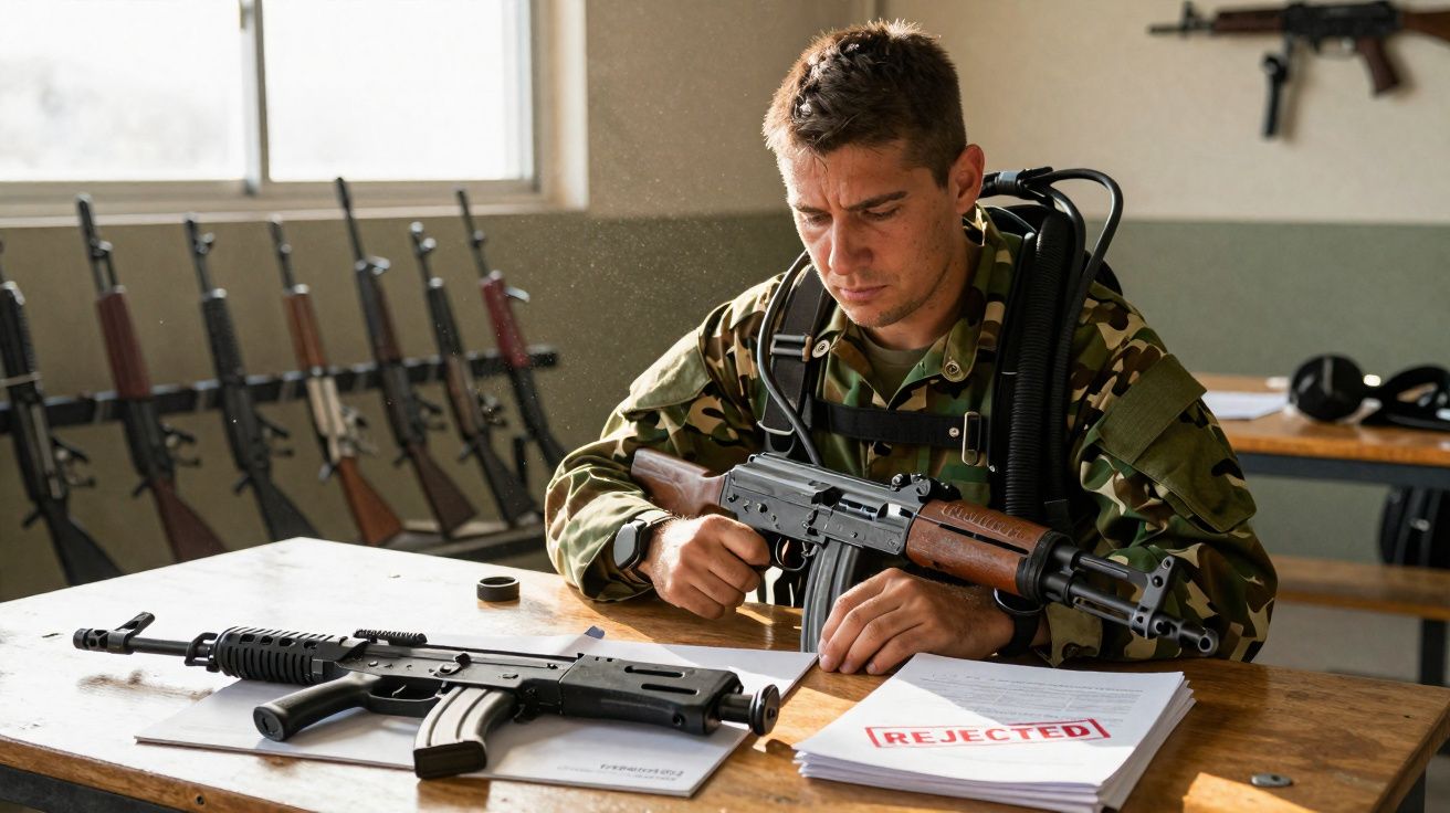 Soldado em uniforme camuflado senta-se à mesa com fuzil e documentos carimbados como rejeitados.