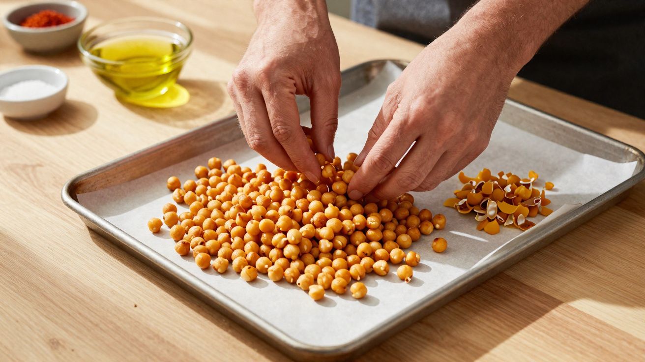 Mãos removendo cascas de grão-de-bico sobre forma com grão-de-bico cru e temperos ao fundo.