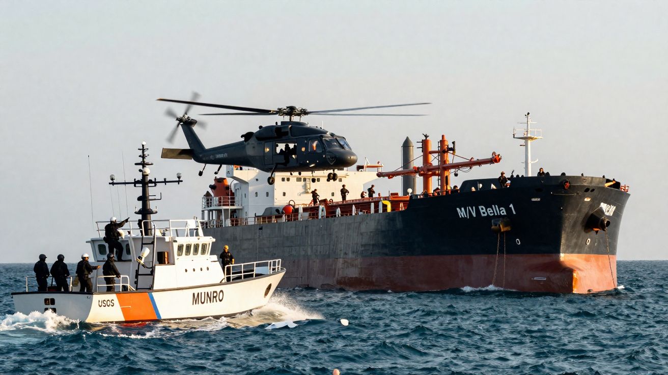Barco da guarda costeira com equipes e helicóptero próximo a navio mercante M/V Bella 1 no mar.