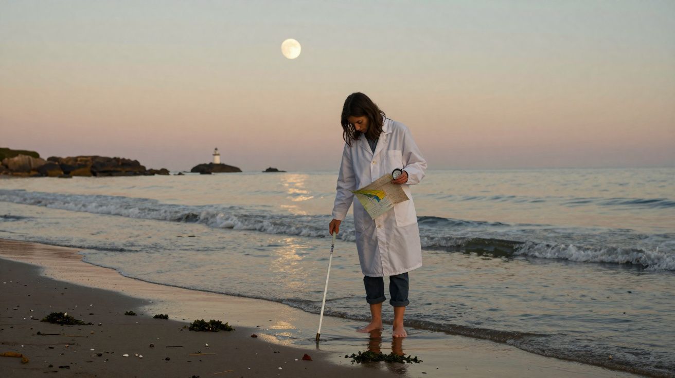 Mulher com jaleco branco estudando a praia ao entardecer, segurando mapa e bastão para coleta.