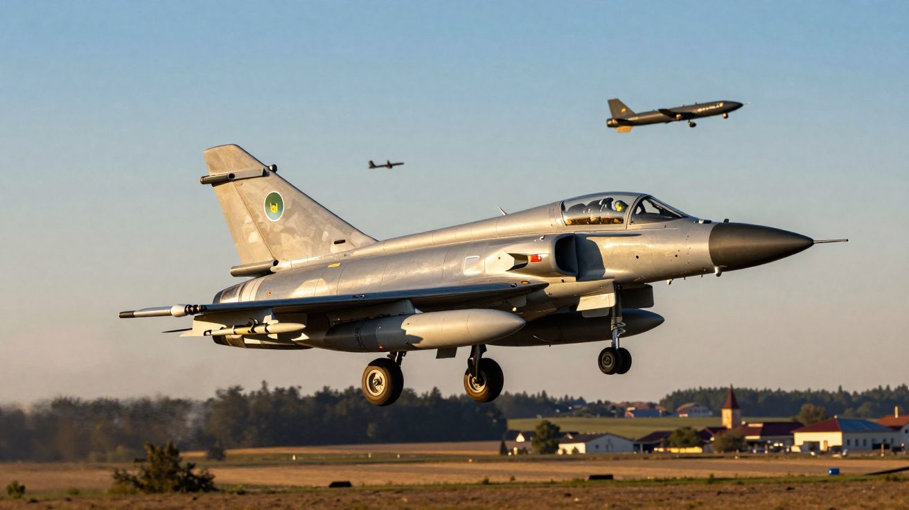 Caça militar cinza em voo baixo sobre campo com edifícios ao fundo ao entardecer.