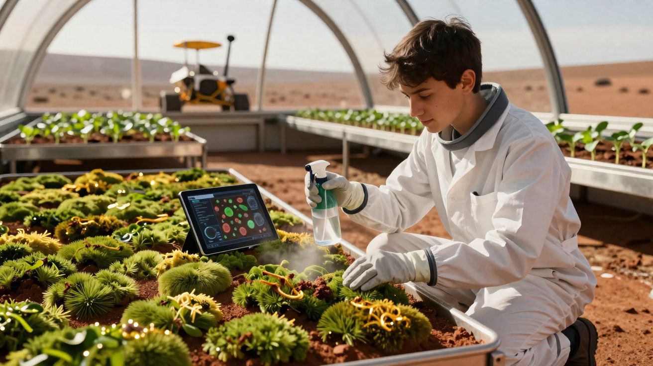 Jovem cientista em estufa futurista nebulizando plantas alienígenas verdes com tablet digital ao lado.
