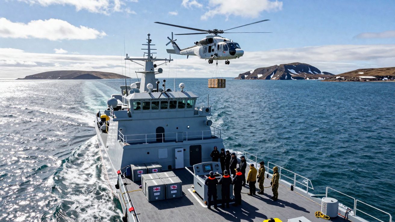 Helicóptero sobrevoa fragata no mar realizando operação de içamento com várias pessoas no convés.
