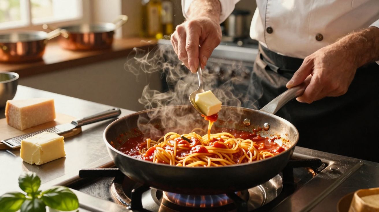 Pessoa adicionando manteiga em frigideira com espaguete ao molho de tomate em fogão a gás.