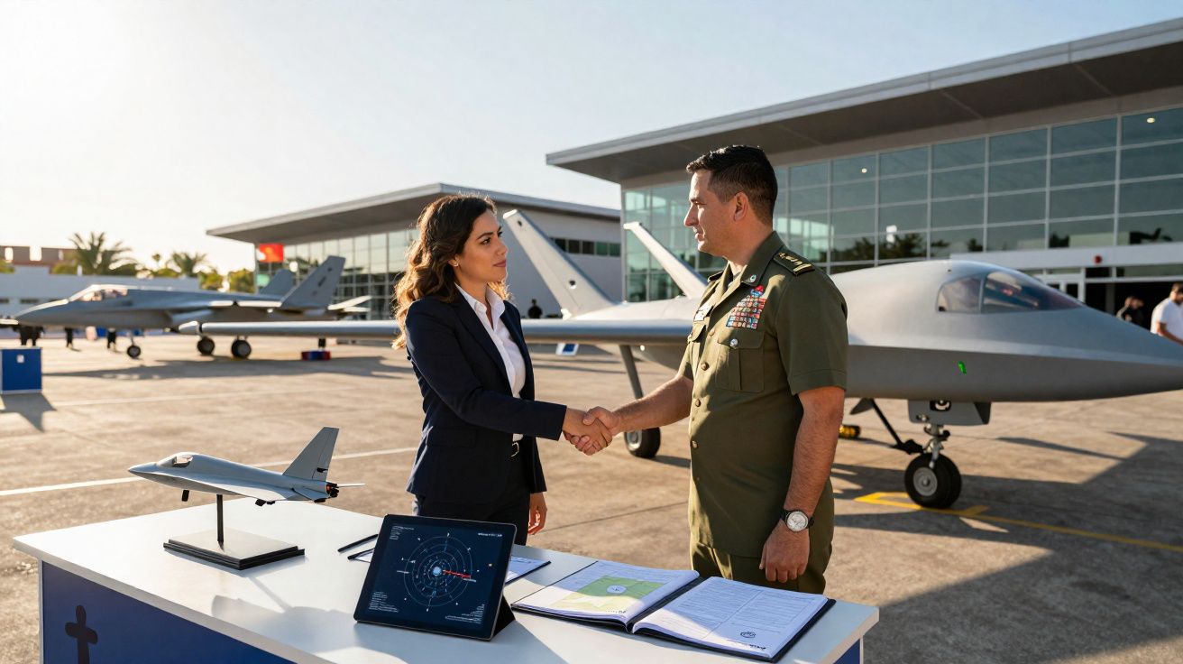 Mulher de negócios e militar apertam as mãos ao lado de modelo de drone e tablet em hangar aéreo.