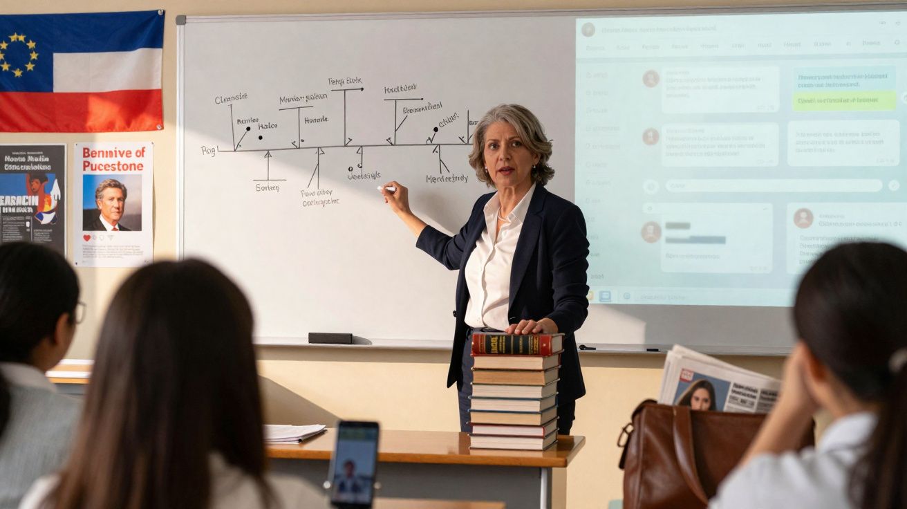 Professora explica linha do tempo científica para alunos em sala com livros e quadro branco ao fundo.