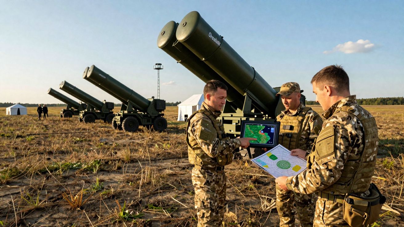 Três soldados com uniformes camuflados analisam mapas em frente a lançadores de foguetes múltiplos em campo aberto.