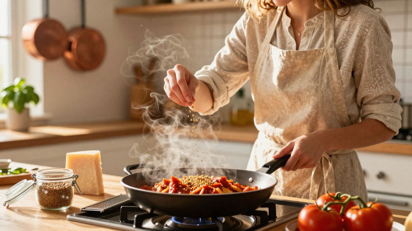 Mulher tempera macarrão com molho vermelho em frigideira em cozinha iluminada e acolhedora.