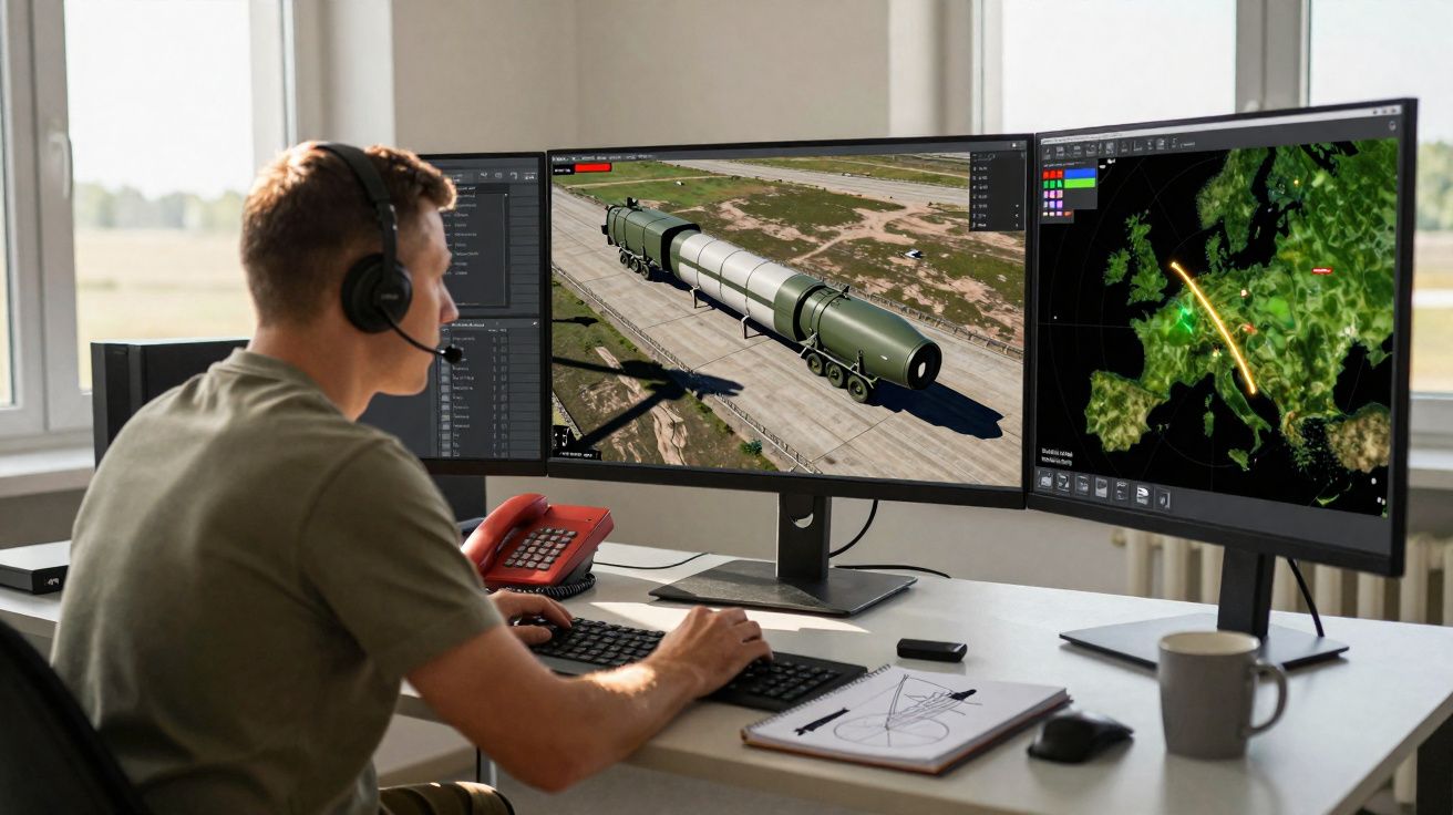 Homem com fones monitora sistema de defesa com imagens de míssil e mapa em dois monitores na mesa.
